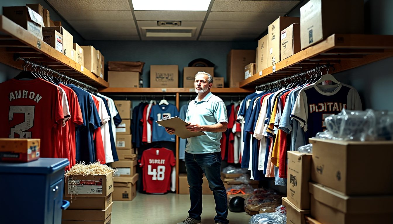 Club equipment storage room with organised inventory